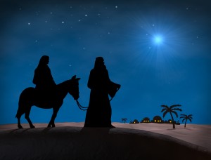 Bethlehem Christmas. Star in night sky above Mary and Joseph